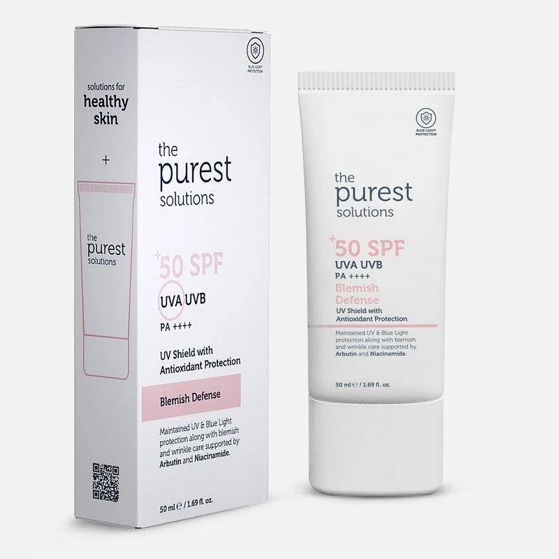 The Purest Solutions, Blemish Defense UVA UVB Antioxidant Protection, SPF 50+ – 50ml
