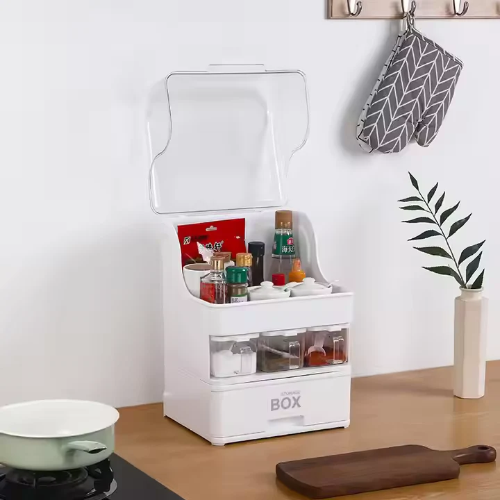 KKF, Multifunctional Kitchen Spice Organizer Rack with Dustproof Lid & Condiment Containers