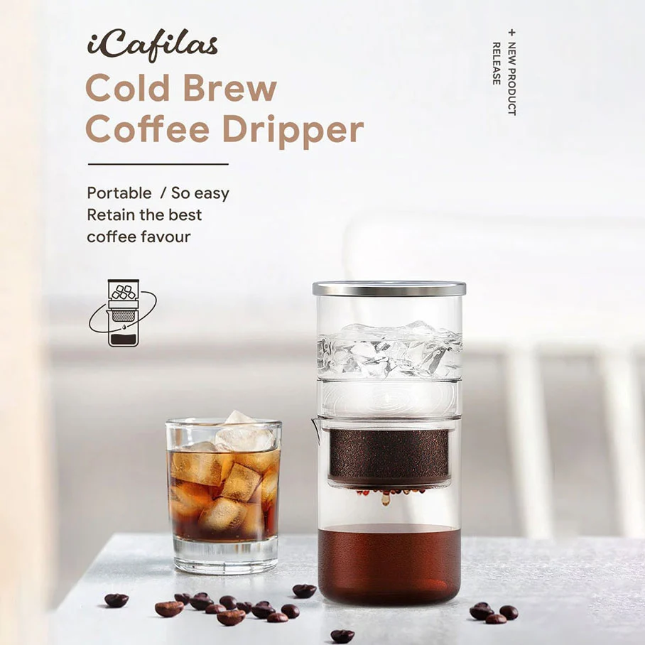 iCafilas Portable Cold Brew Coffee Maker 300ml with Borosilicate Glass Dripper & Stainless Steel Filter