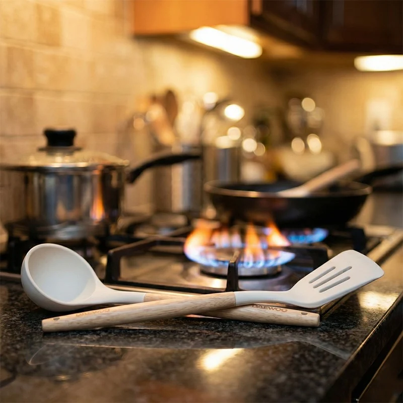 Practical Wooden Handle two-Piece Food Grade Silicone Kitchenware Set with Anti-Slip Spatula Spoon High Temperature Resistance