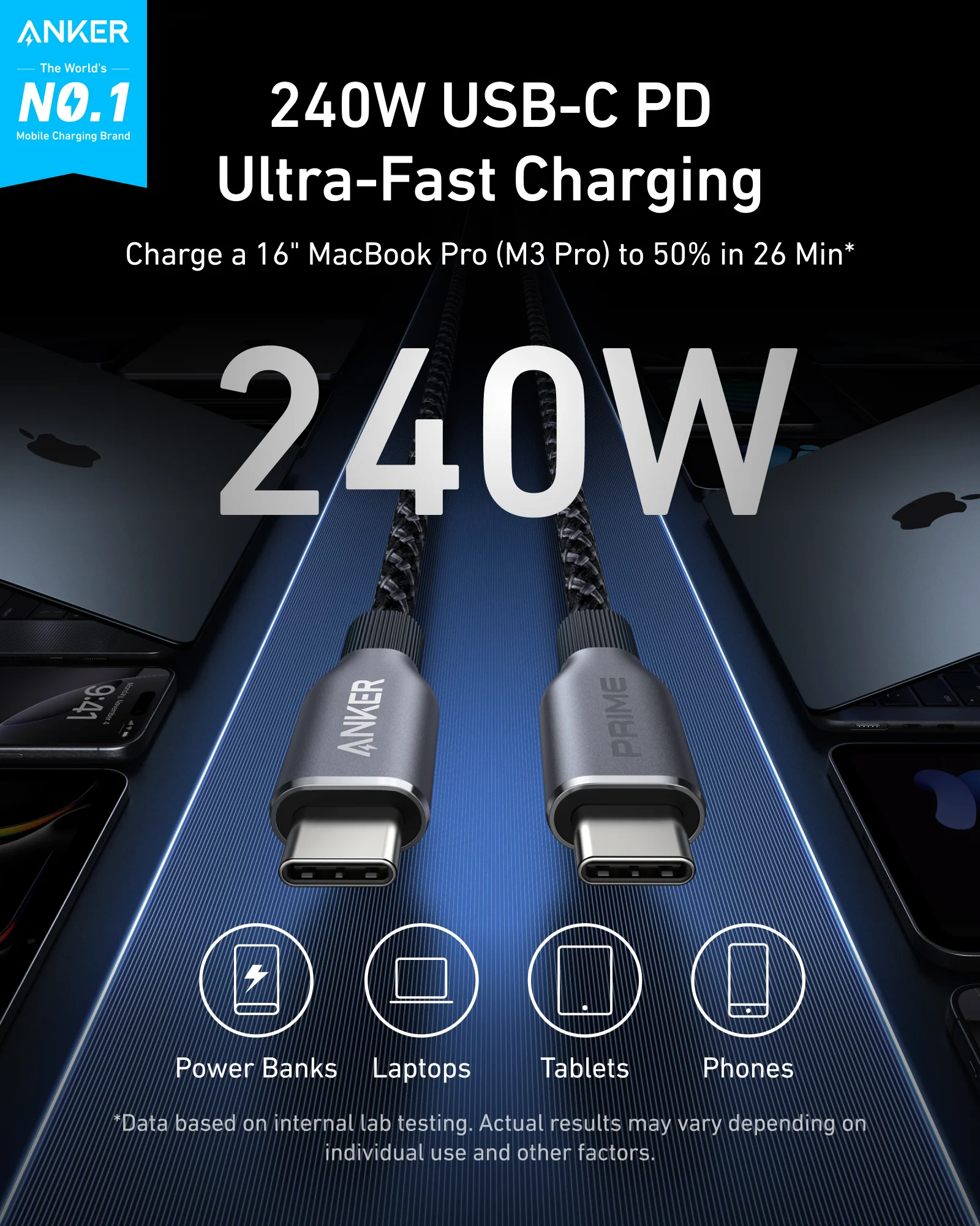 Anker Prime 3ft USB-C to USB-C 240W Upcycled-Braided Fast & Durable