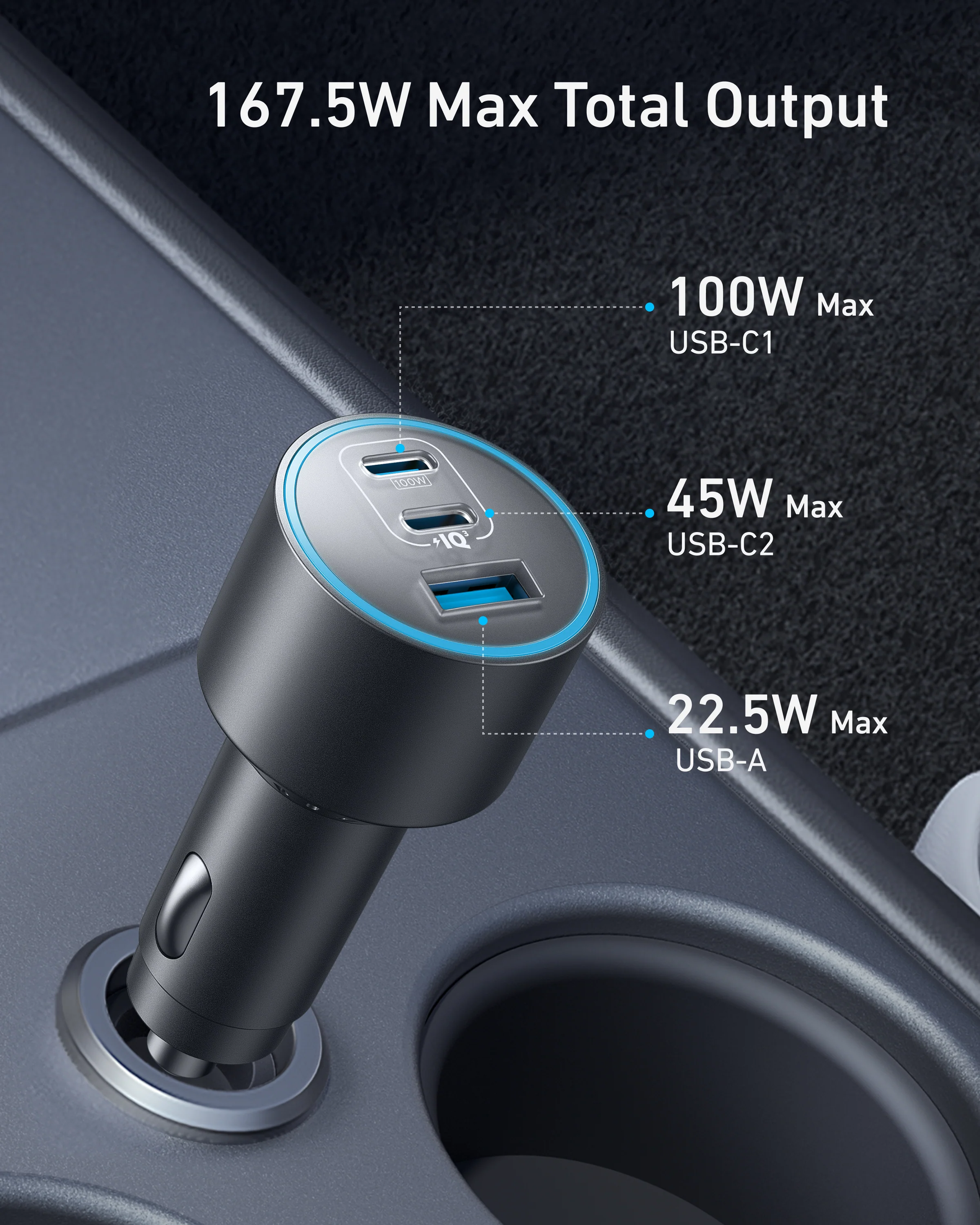 Anker Nano, 167.5W Car Charger – 3 Ports