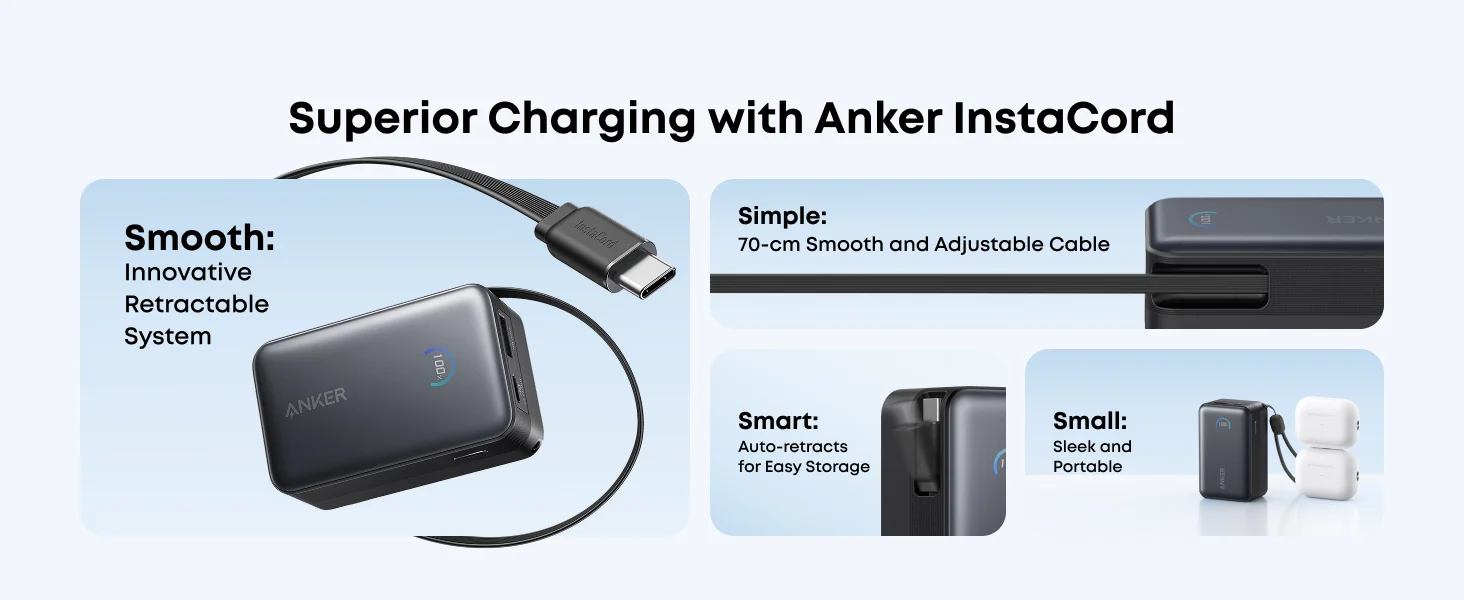Anker Nano 10000mAh Power Bank – 45W Built‑In Retractable USB‑C Cable