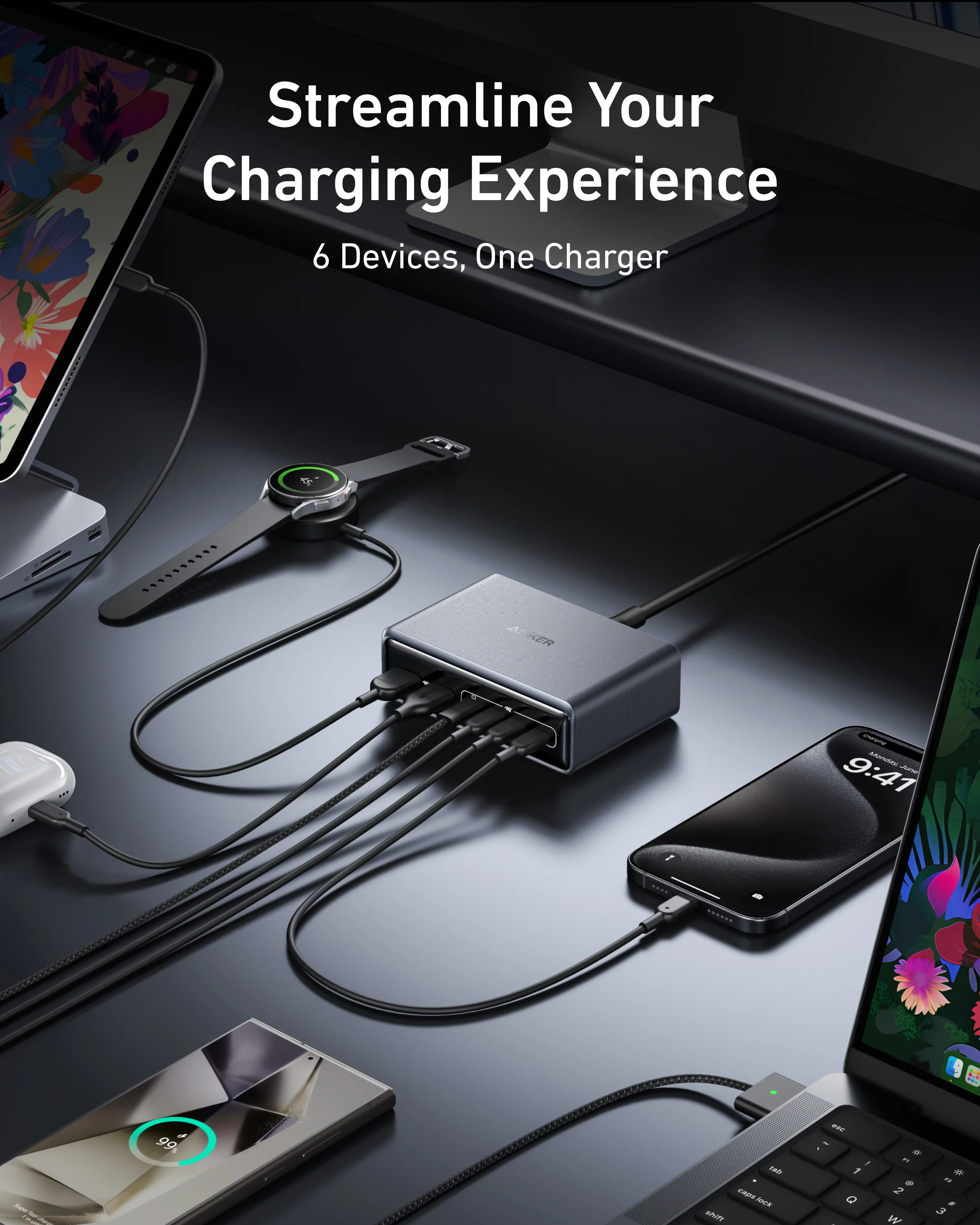 Anker Prime Charger 200W 6-Port GaN – 6-in-1 Ultra-Fast Charging Station (Silver)