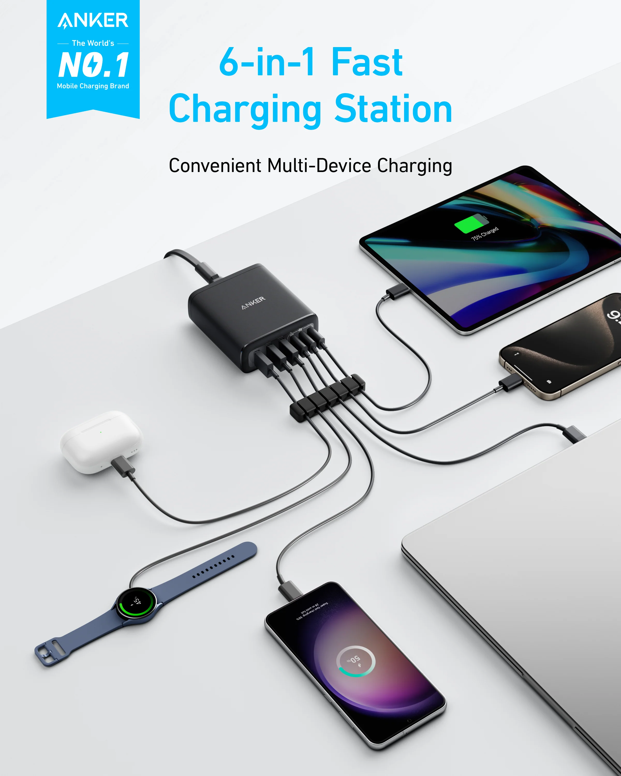 Anker 112W 6-Port GaN Charger – 3 USB-C & 3 USB-A Desktop Charging Station (Black)