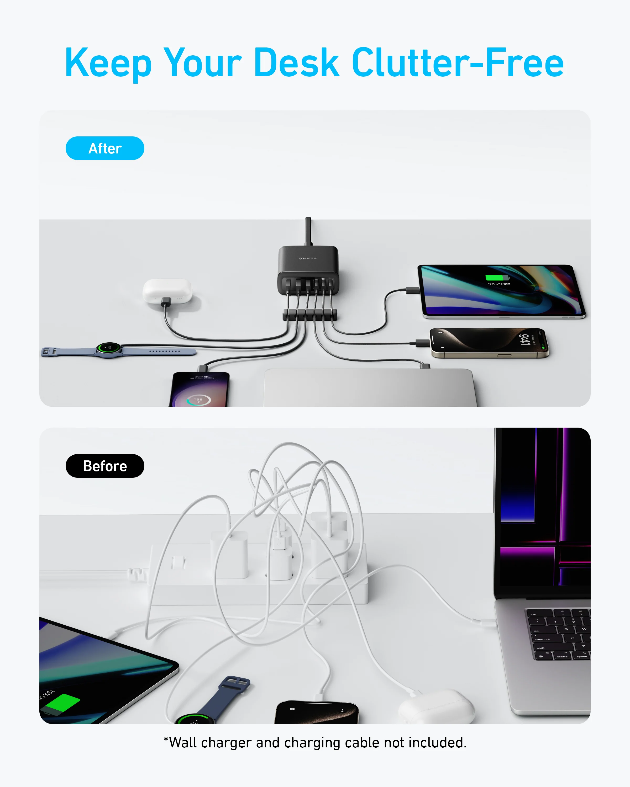 Anker 112W 6-Port GaN Charger – 3 USB-C & 3 USB-A Desktop Charging Station (Black)