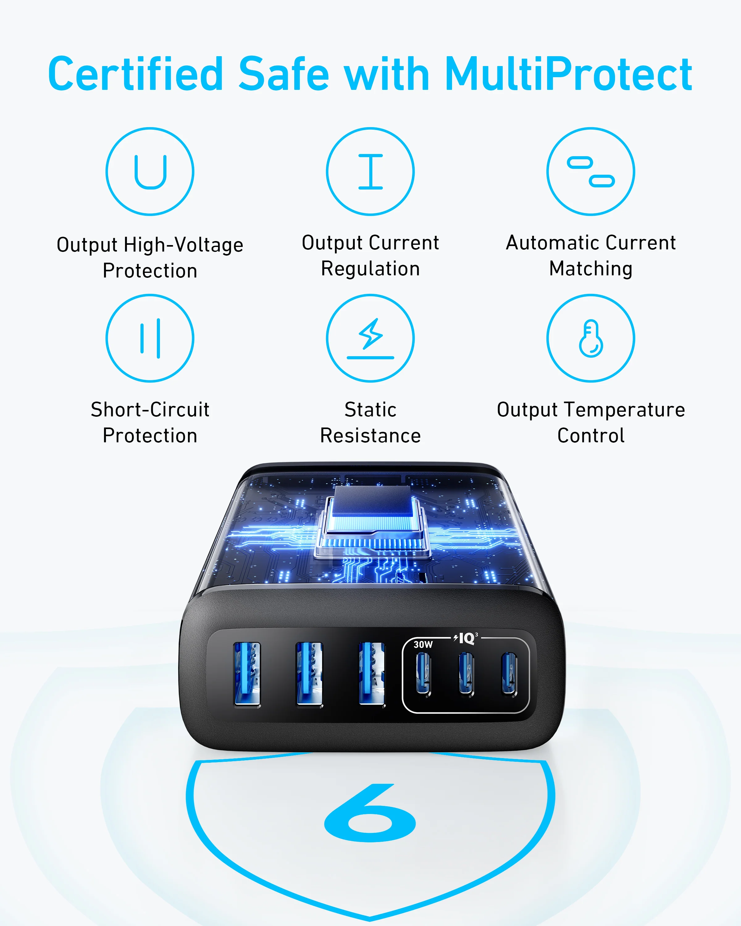 Anker 112W 6-Port GaN Charger – 3 USB-C & 3 USB-A Desktop Charging Station (Black)