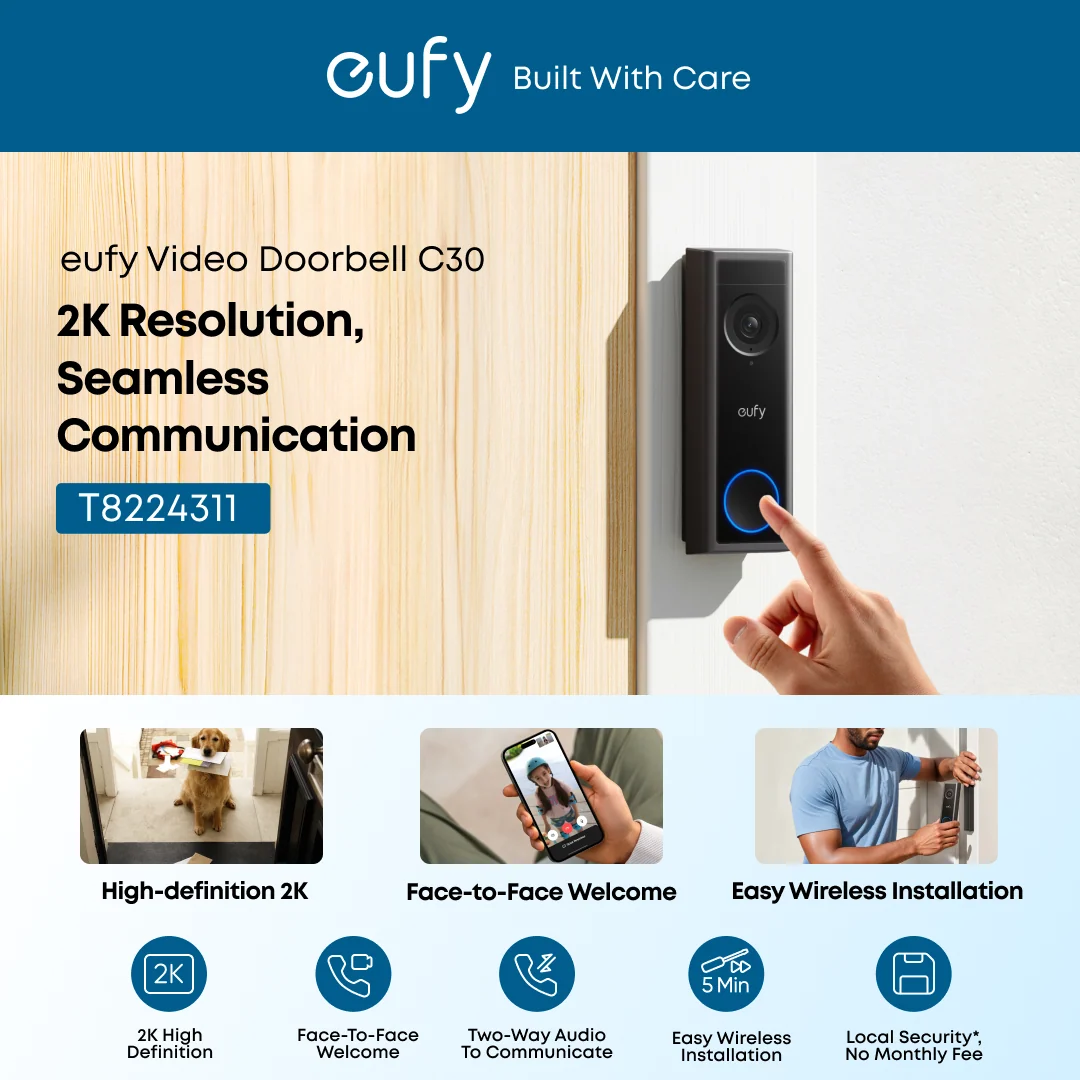 Eufy Video Doorbell C30 – 2K FHD Wireless Doorbell Camera with Local Storage & Two-Way Audio