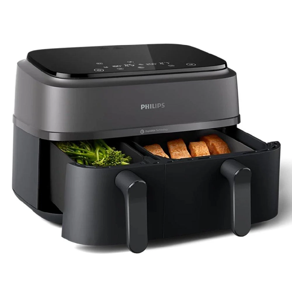Philips Dual Air Fryer NA350/00 – 9L Dual Basket, 2750W RapidAir Plus, 8 Presets, Gray & Black