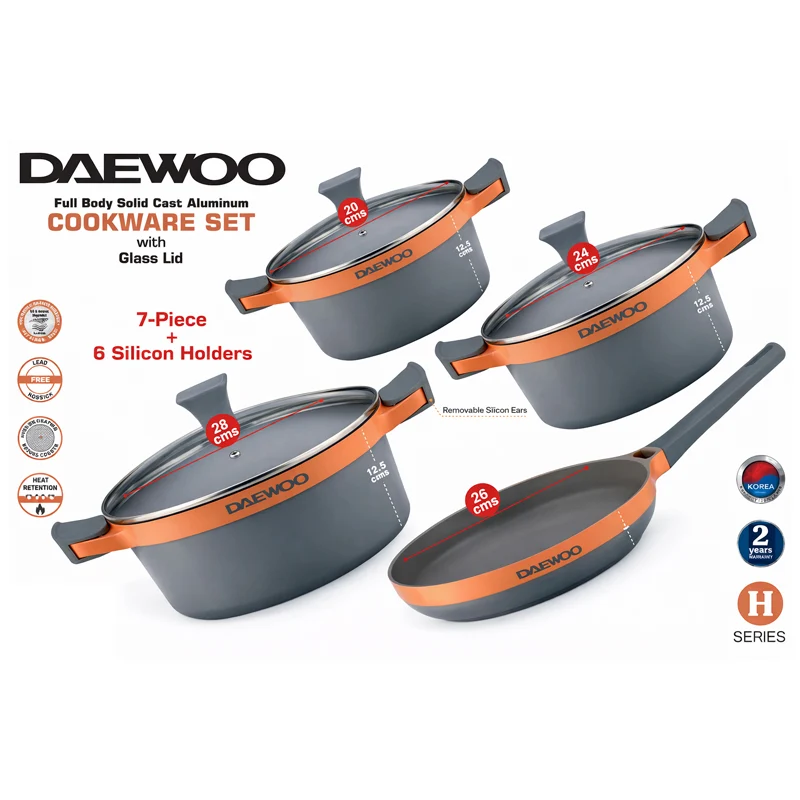 Daewoo H Series 9 Pcs Granite Cooking Set 28, 24, 20 cm Pot, 26 cm Pan with 2 Pcs of Utensil Tools