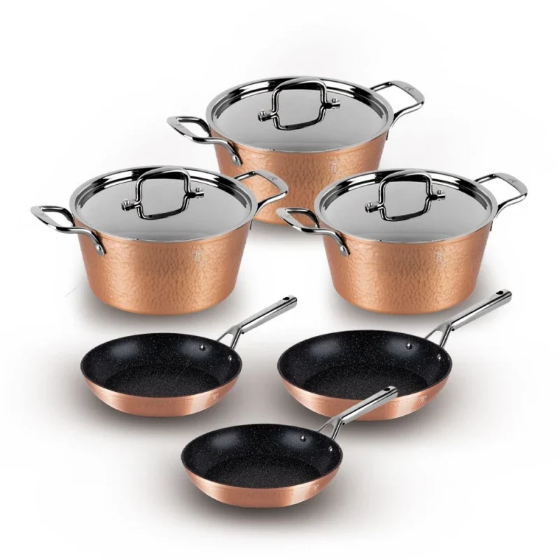 Berlinger Haus Hammered Cooking Set 9 Pcs Set Casseroles (30+26+22 cm) + Fry Pan (30+26+22 cm) - Copper