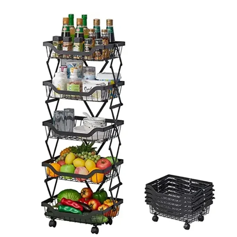 [53-1495-5L] 5 Layer Adjustable Foldable Movable Storage Rack with 360° Rolling Wheels & Mesh Baskets for Kitchen Organization
