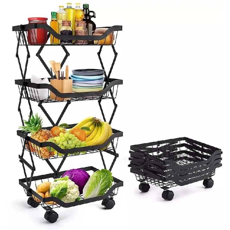 4 Layer Adjustable Foldable Movable Storage Rack with 360° Rolling Wheels & Mesh Baskets for Kitchen Organization