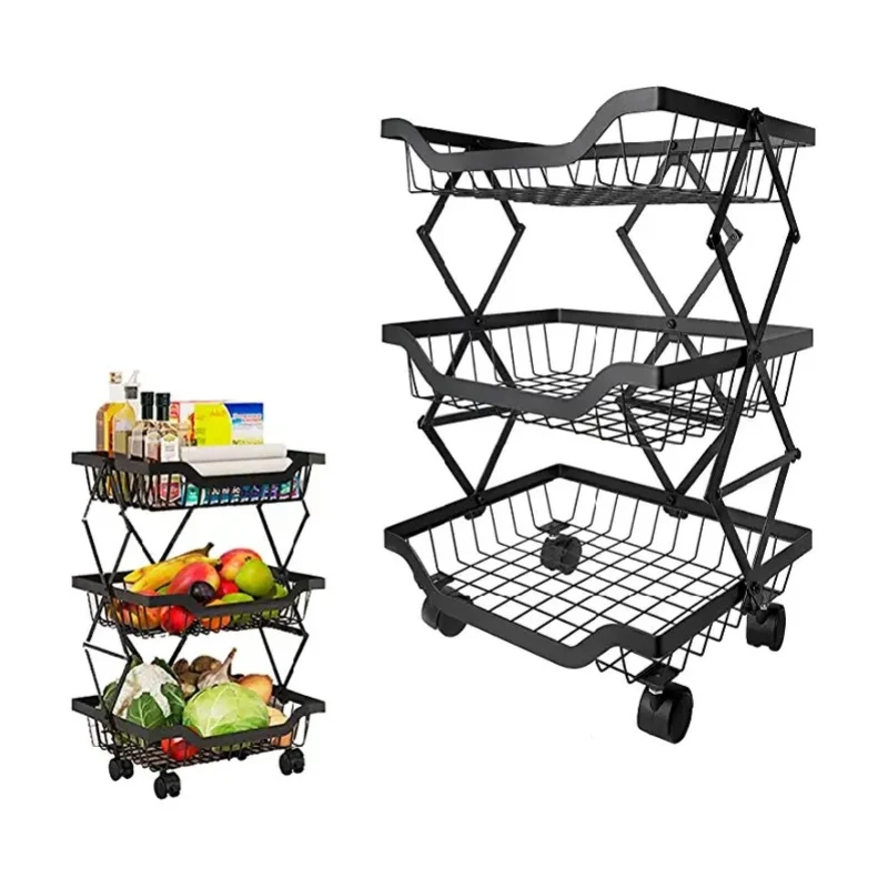 [53-1493-3L] 3 Layer Adjustable Foldable Movable Storage Rack with 360° Rolling Wheels & Mesh Baskets for Kitchen Organization