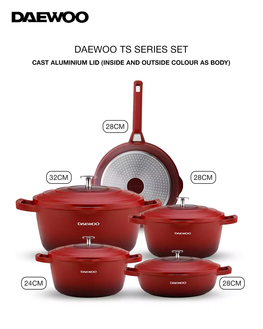 [DCS5T] Daewoo TS Series Granite Cooking Set of 9 Pcs (32, 28, 24 cm Pot, 28 cm Pan, 28 cm Casserole) with 4 Pcs Silicone Pot Handle - Red