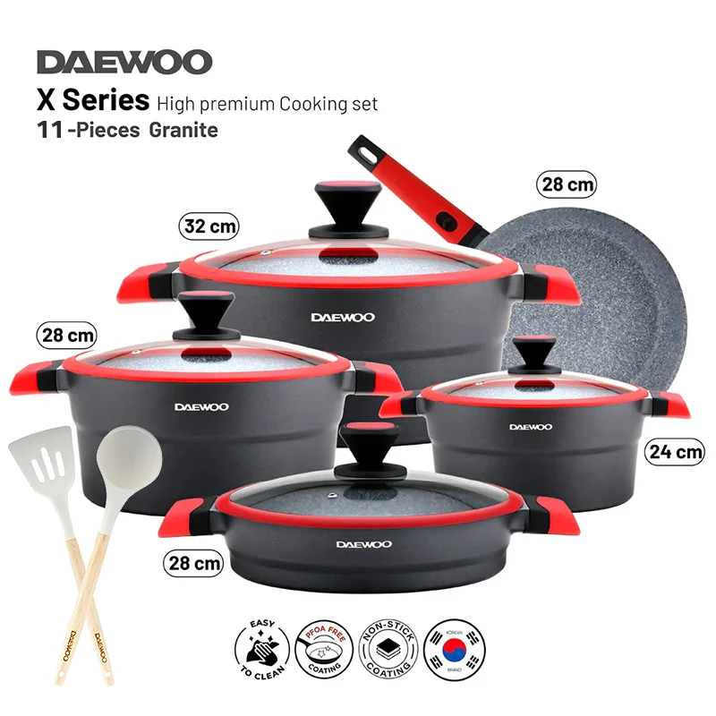 Daewoo X Series 11 Piece Granite Cooking Set (32,28,24 cm Pot, 28 cm Pan, 28 cm  Casserole), 2 Pcs of Utensil Tools - Black/Red