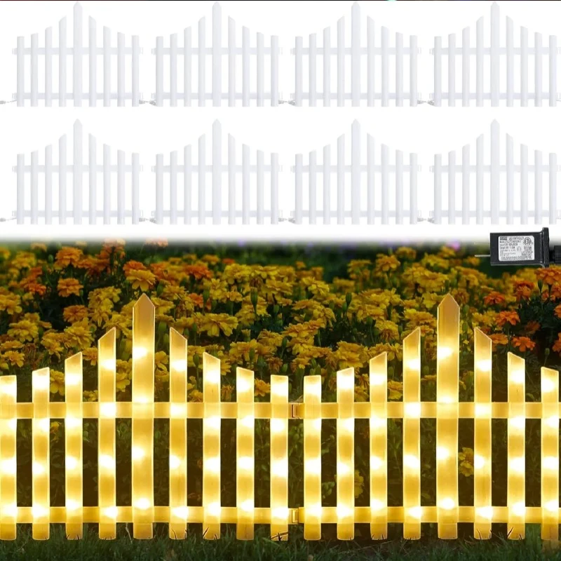 [53-3610] Decorative LED Fence Lights with Multiple Lighting Modes & Easy Clip-On Installation - Set of 8, Warm White - 280 × 28.5 CM