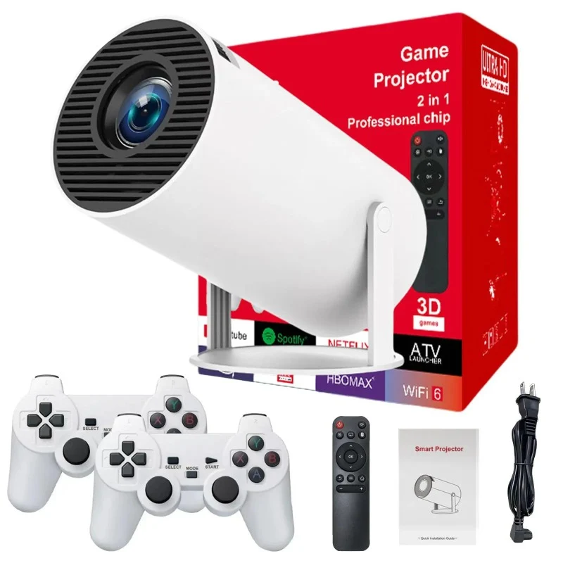 [53-4748] Smart WiFi 6 Gaming Projector with Dual Wireless Controllers, 1080P HD Resolution, 4K Support, Auto Keystone & Android 11 - Portable Home Theater System