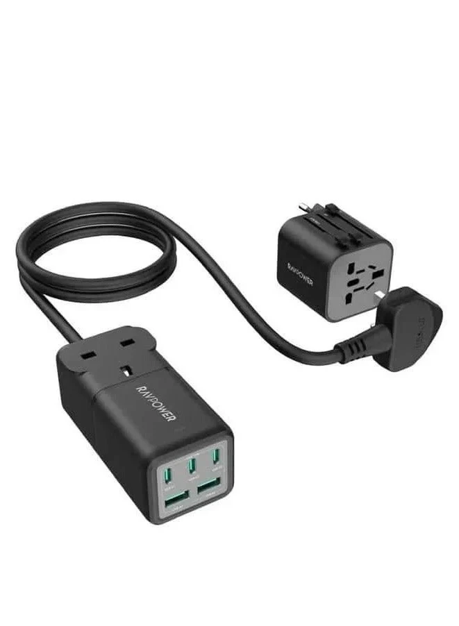 [9000533610] RP-PC1062 70W Power Strip 5 Ports With AC Power UK Socket 1.5M+ Travel Charger Combo - Black