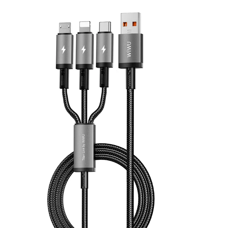 [6977703654288] WiWU Titanlink 66W 3-in-1 Charging Cable 1.2m – USB-A to Type-C, Micro & Lightning