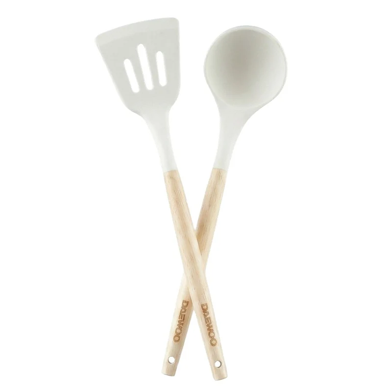 [DCK2] Practical Wooden Handle two-Piece Food Grade Silicone Kitchenware Set with Anti-Slip Spatula Spoon High Temperature Resistance