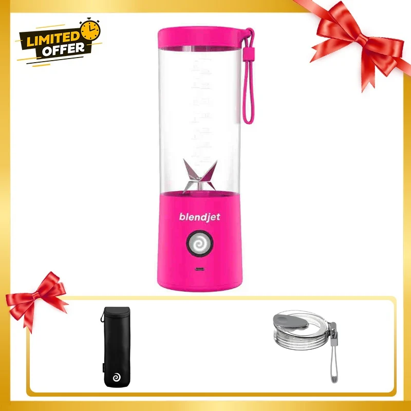 [810053642368-Bundle] Blendjet V2 Portable Blender 475ml, USB-C Rechargeable with Jetsetter Sleeve and Drinking Lid Free - Hot Pink