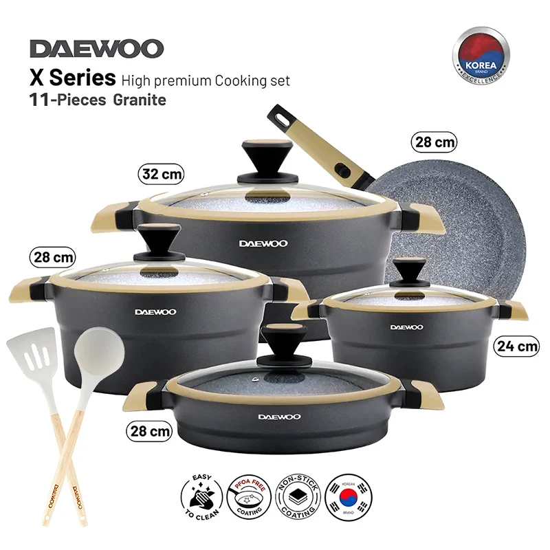 [DCS5X-Brown] Daewoo X Series 11 Pcs Granite Cooking Set 32,28,24 cm Pot, 28 cm Pan, 28 cm Casserole, 2 Pcs of Utensil Tools - Black & Brown