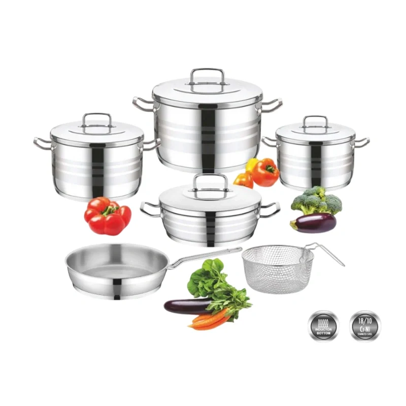 [GSA140] Saflon Stainless Steel Premium Cookware Set 10 Pieces Pots 20+24 +28 cm + 26cm Shallow Pot + 26cm Frypan + Stainless Steel Basket 22 cm