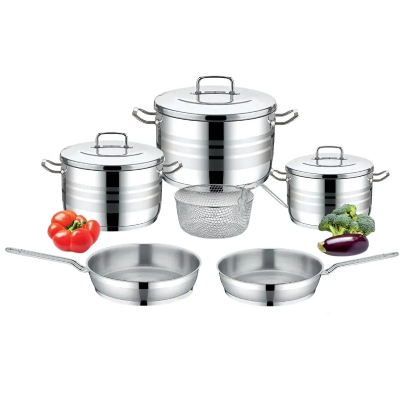 [GSA139] Saflon Stainless Steel Premium Cookware Set 9 Pieces Pots 20+24 +28 cm + Frypan 20+24 cm + Stainless Steel Basket 22 cm