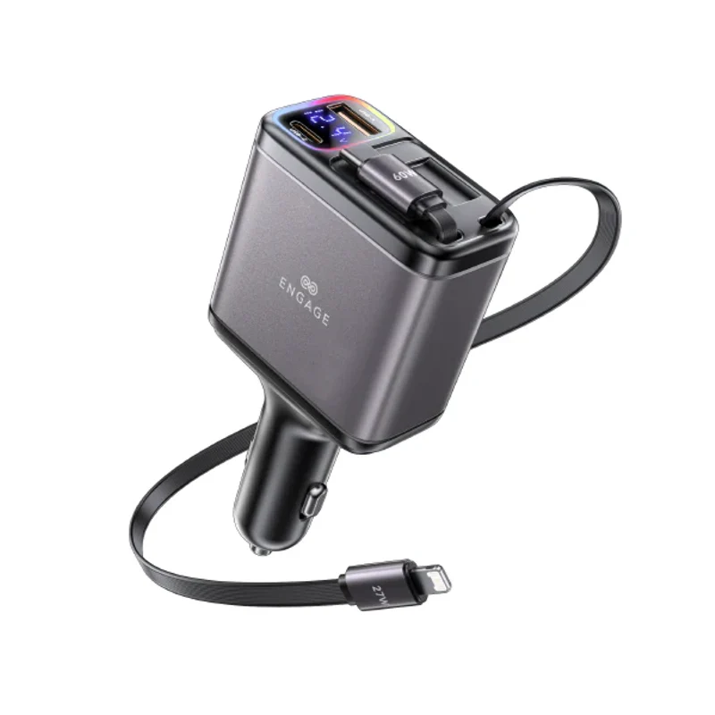 Engage, 4-in-1 Car Charger with Retractable Cables (USB-C/Lightning) & Dual USB Ports (120W)