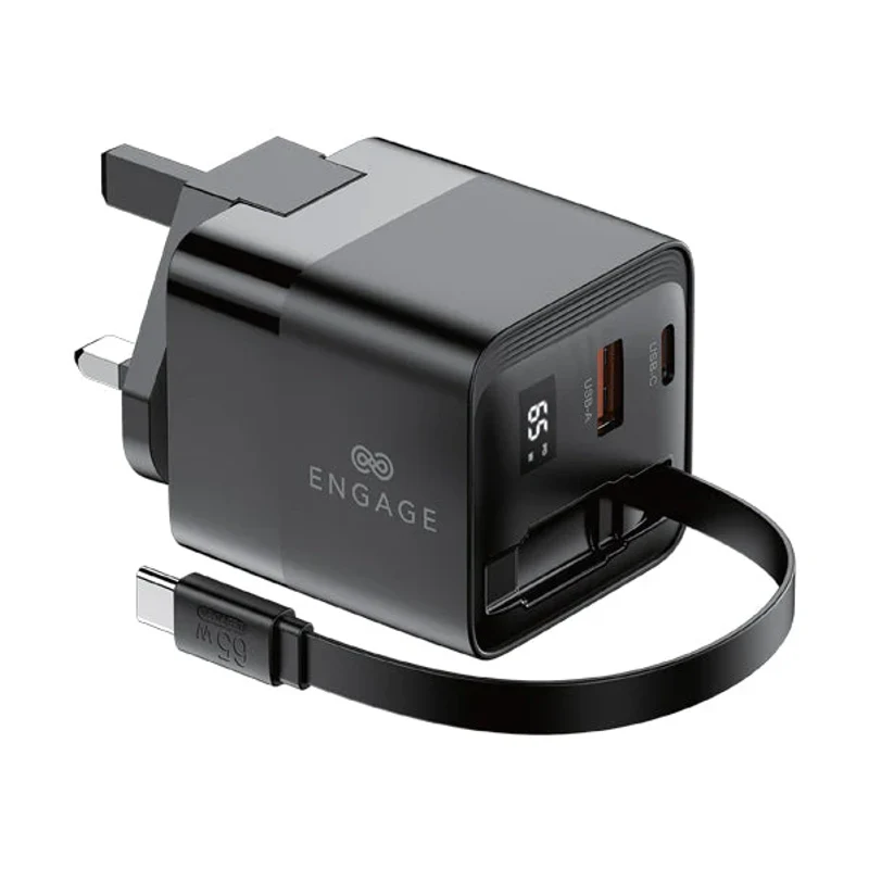 [EN-PD-65W-BK] Engage, Dual Port USB-C + USB-A GaN Power Adapter (65W) with USB-C Cable