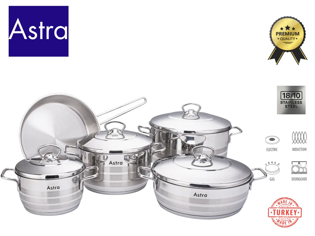 [HM300] ASTRA 9 Piece 18/10 Stainless Steel Cookware Set (24, 24, 20, 16 cm Casserole and 24 cm Pan) - Turkey