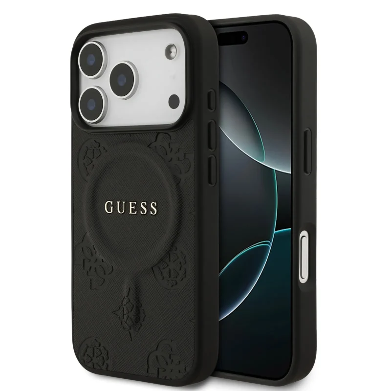 Guess, MagSafe PU Leather Case with Classic Logo & Peony Hot Stamp Design, iPhone 17 Pro