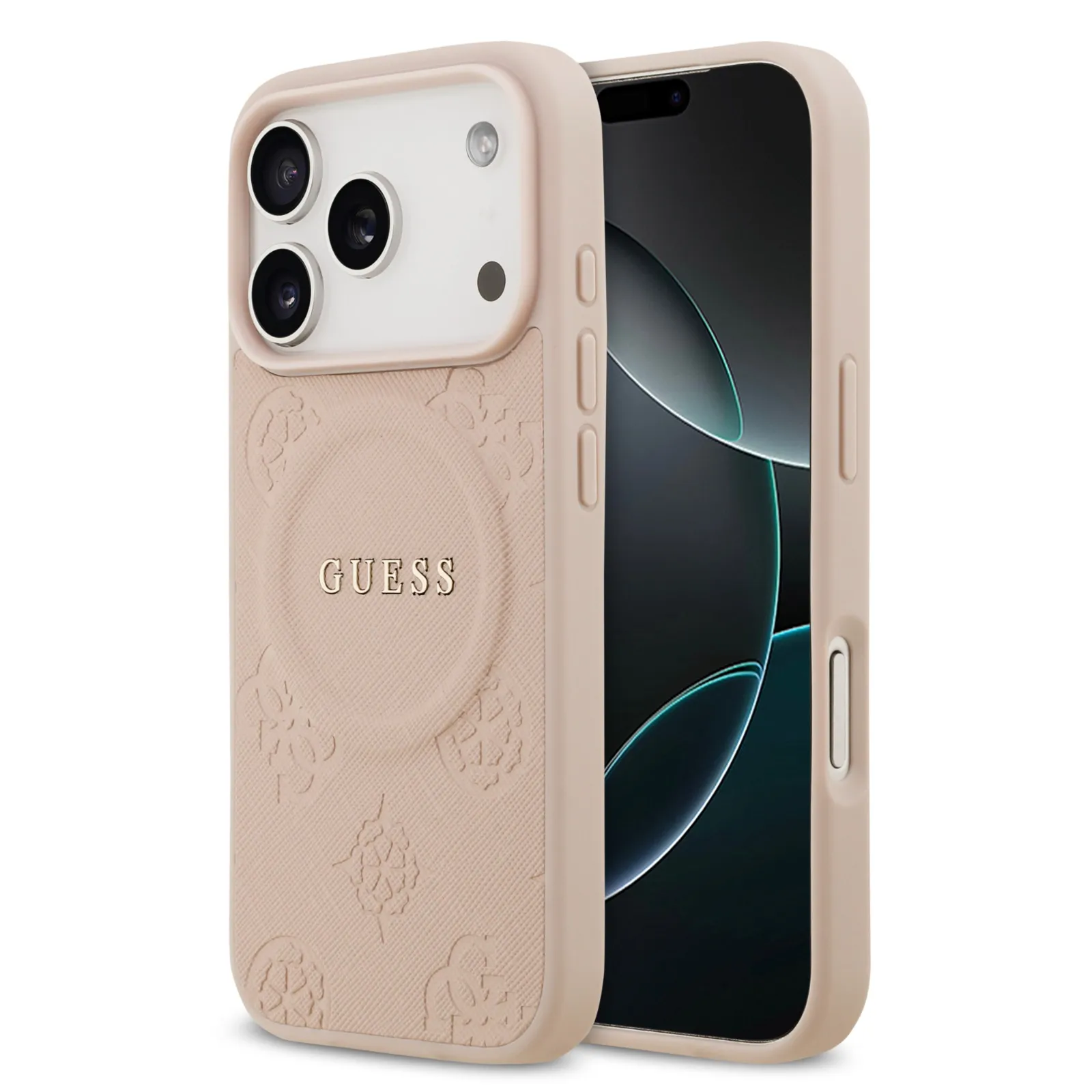 [GUOHMP17LPSAMSECP] Guess, MagSafe PU Leather Case with Classic Logo & Peony Hot Stamp Design, iPhone 17 Pro (Pink)