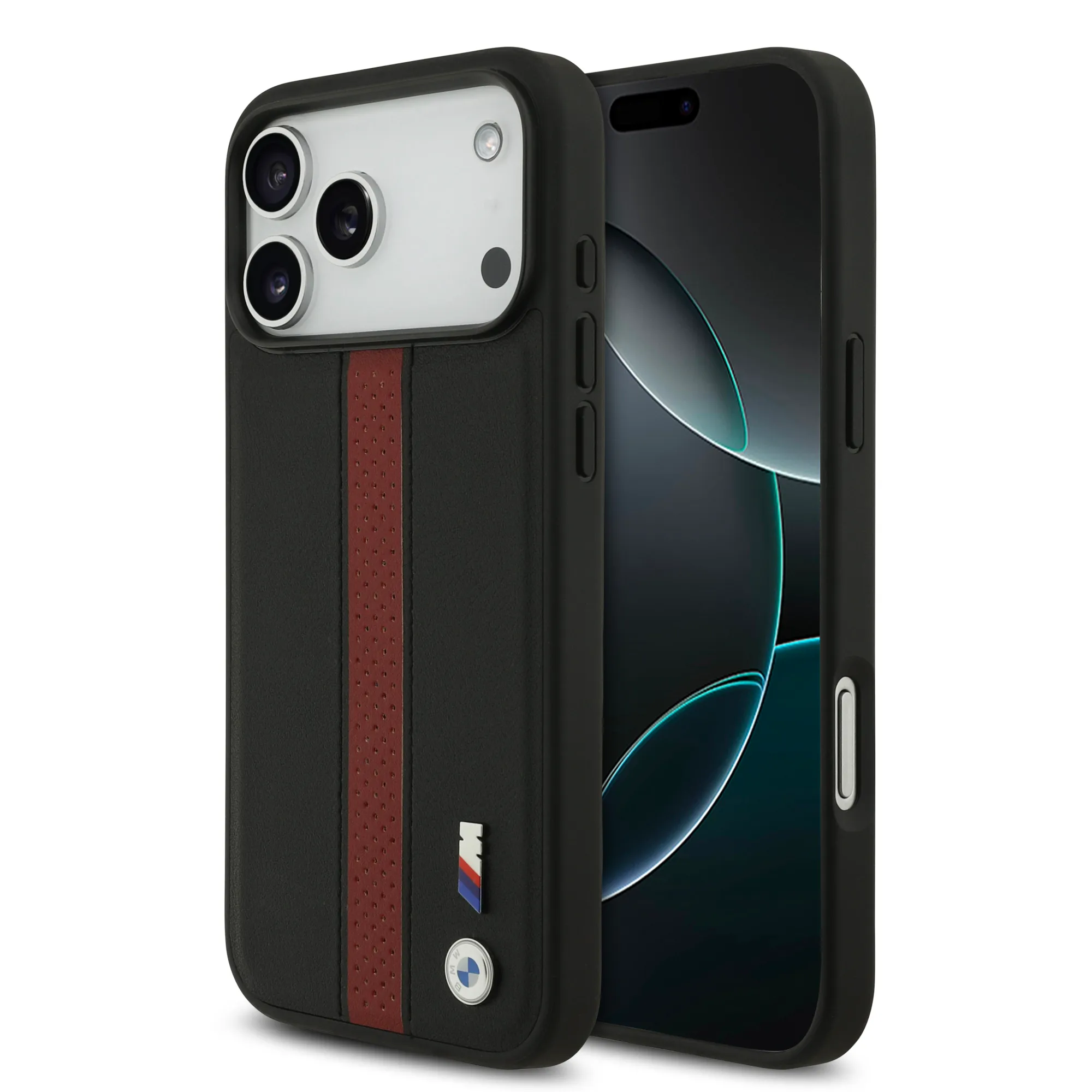 [BMOHMP17X25PCPSKR] BMW, PU Leather Case with Perforated Stripes & Metal Logos, iPhone 17 Pro Max (Black/Red)