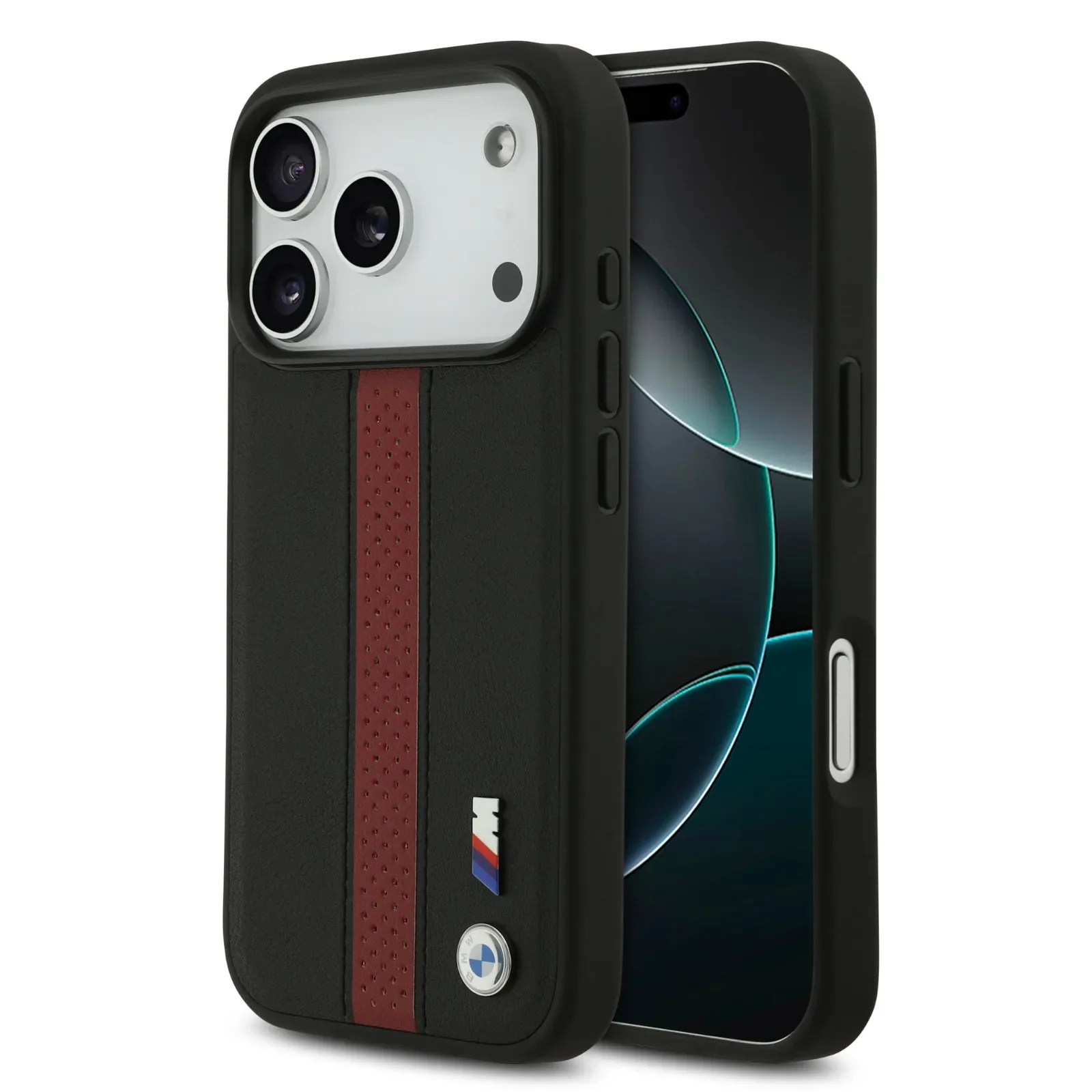 [BMOHMP17L25PCPSKR] BMW, PU Leather Case with Perforated Stripes & Metal Logos, iPhone 17 Pro (Black/Red)