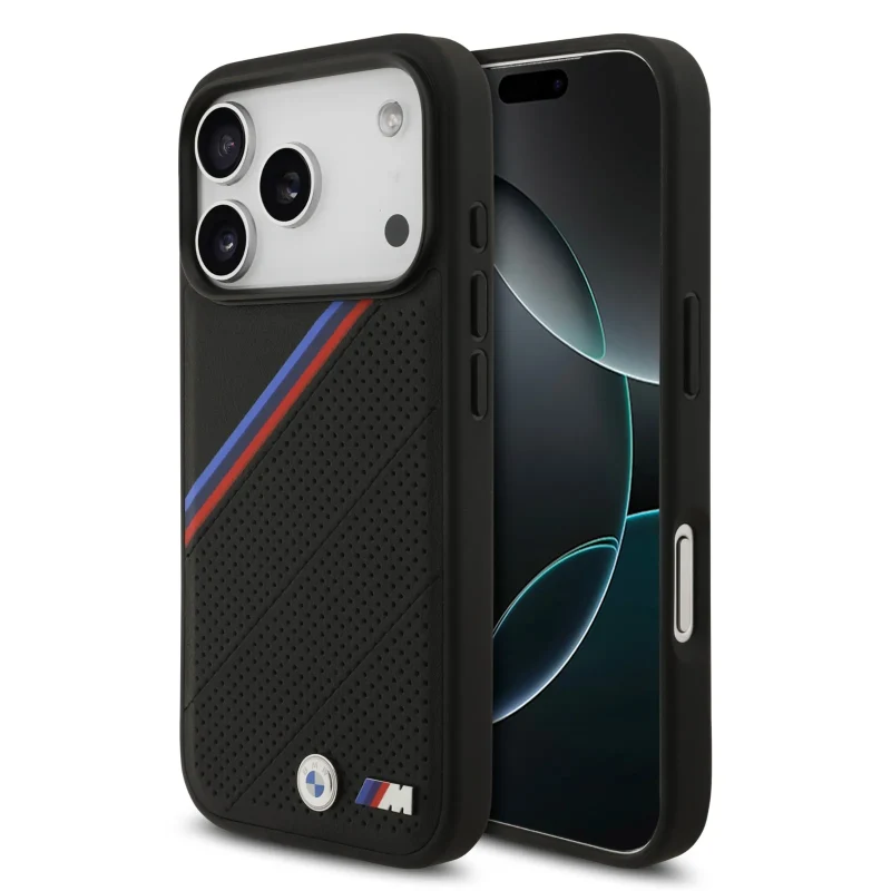 [BMOHMP17X25PCSPEK] BMW, MagSafe PU Leather Case With Tricolor Slanted Stripes & Metal Logos, iPhone 17 Pro Max (Black)