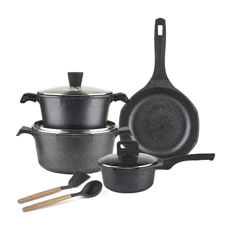 [OSFE-104] OSFE Granite Cookware Set 11 pcs (28, 20 cm Casserole, 24 cm Pan, 18 cm Saucepan, 2 Pcs Kitchen Tools ) - Dark Grey
