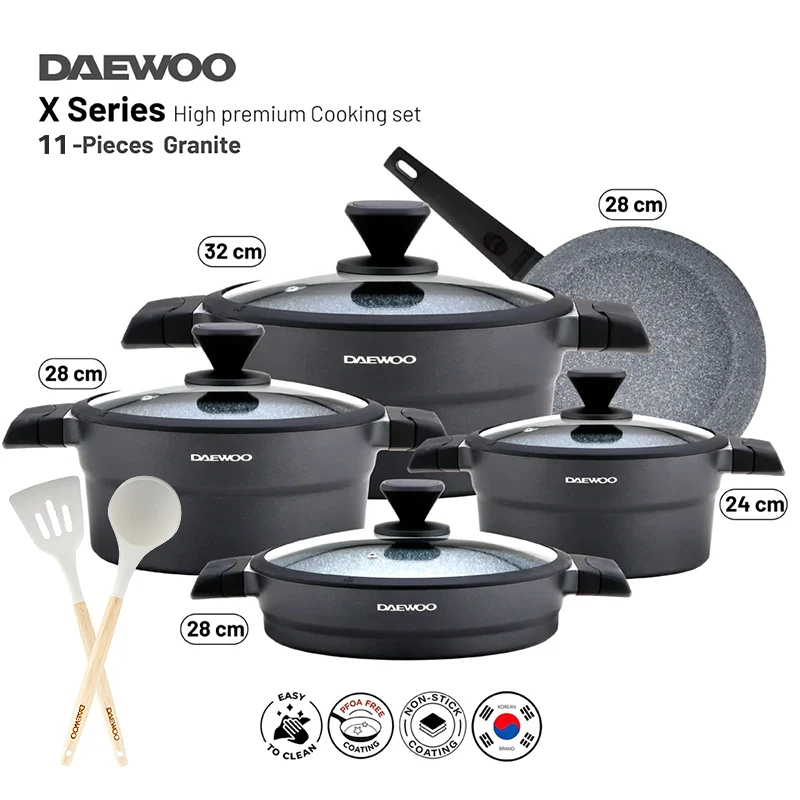 Daewoo X Series Non-Stick Granite Coating Cookware Set Of 11 pcs (32,28,24 cm Pot, 28 cm Pan, 28 cm  Casserole), 2 Pcs of Utensil Tools - Black