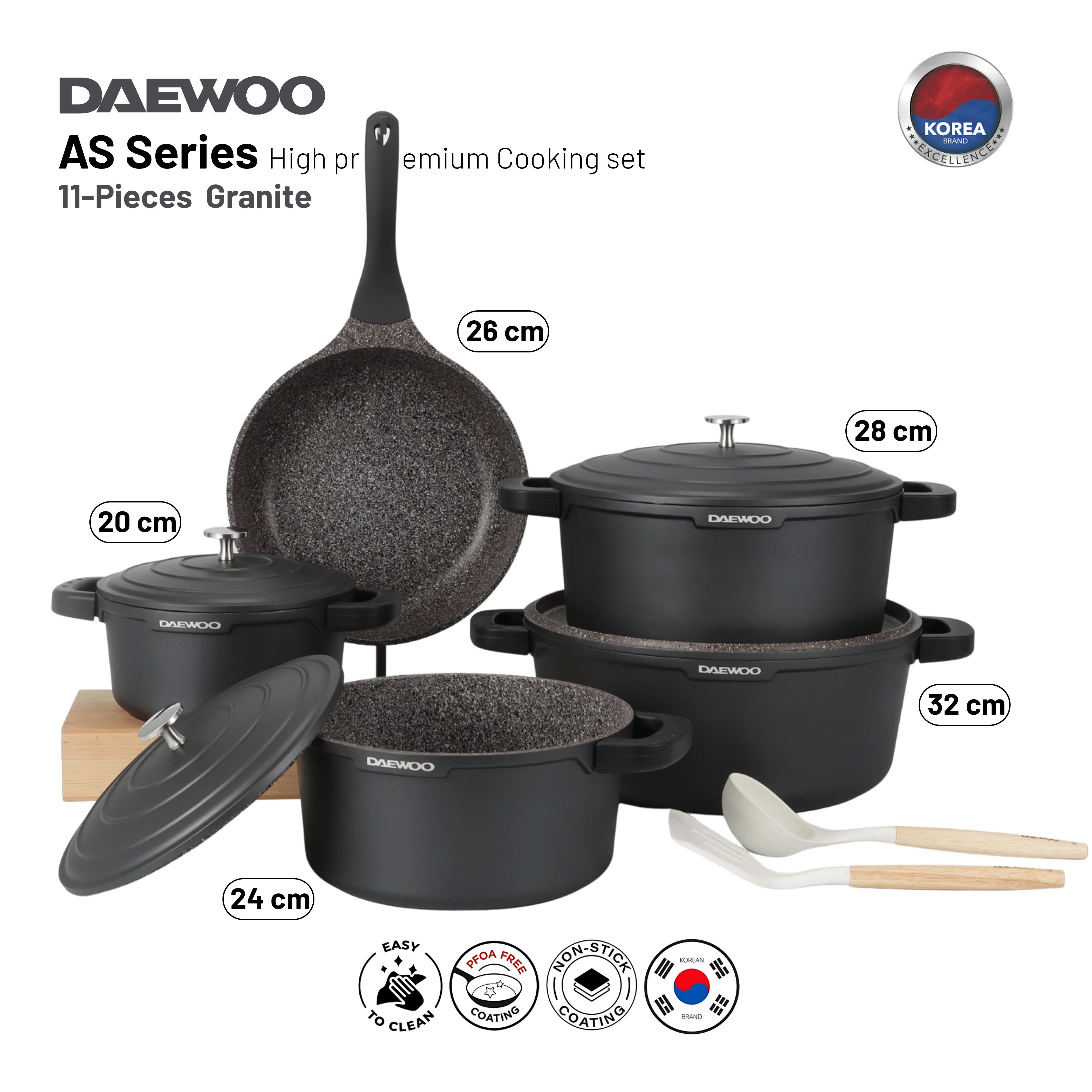 Daewoo AS Series Granite Cooking Set of 11 Pcs (32,28,24 cm Pot, 26 cm Pan, 20 cm Casserole) with 8 Pcs Silicone Pot Handle & Cooking Utensils x2