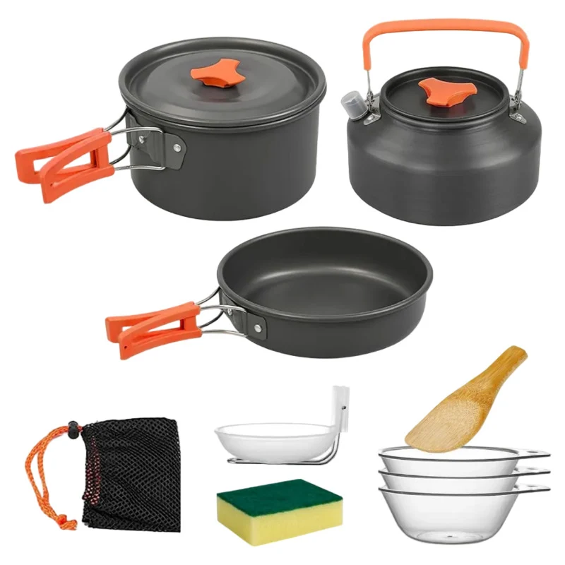 [53-TZ301] 3-Piece Aluminium Camping Cookware Set with Pot, Pan, Teapot & Storage Bag