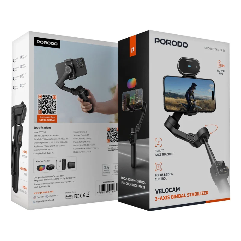 [PDLFST176BK] Porodo, velocam 3-AXIS Gimbal Stabilizer - Black