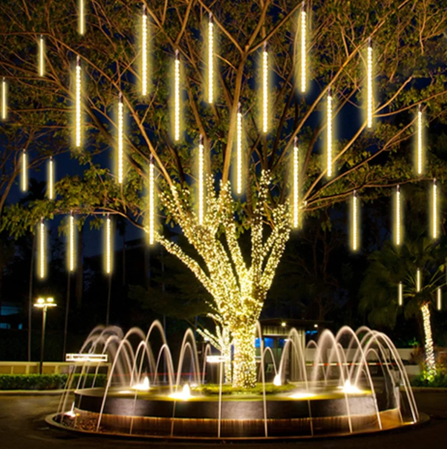 KKF 8-Tube LED Meteor Shower Rain Lights with Cascading Effect, AC Powered, Waterproof Design for Outdoor & Indoor Decorations - 30 cm Each (Warm White Color)