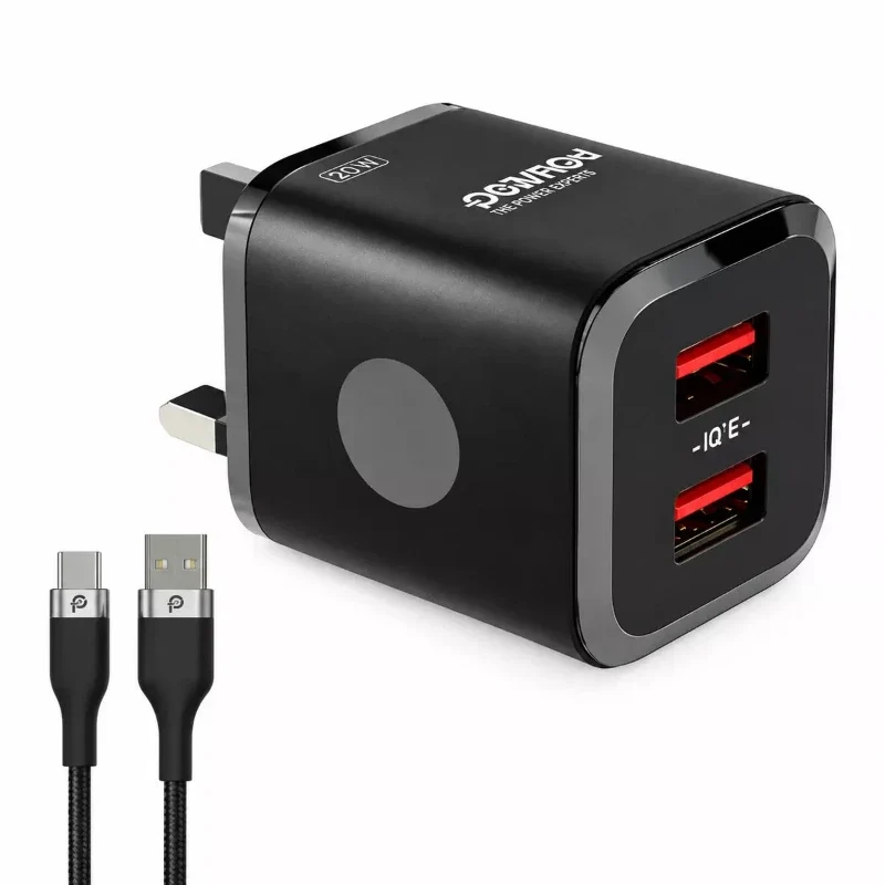 Powero+ Miniature 3.1A Dual USB UK Charger with Braided Micro Cable-Black