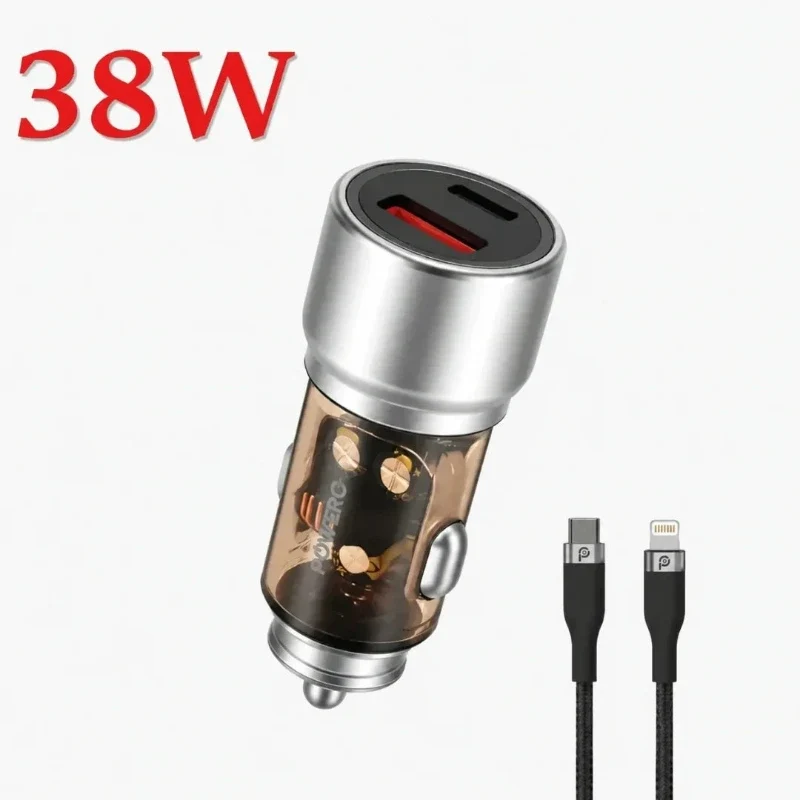 Powero+ Crysta Dual Port Car charger 38W with Braided Type-C to Lightening - Silver