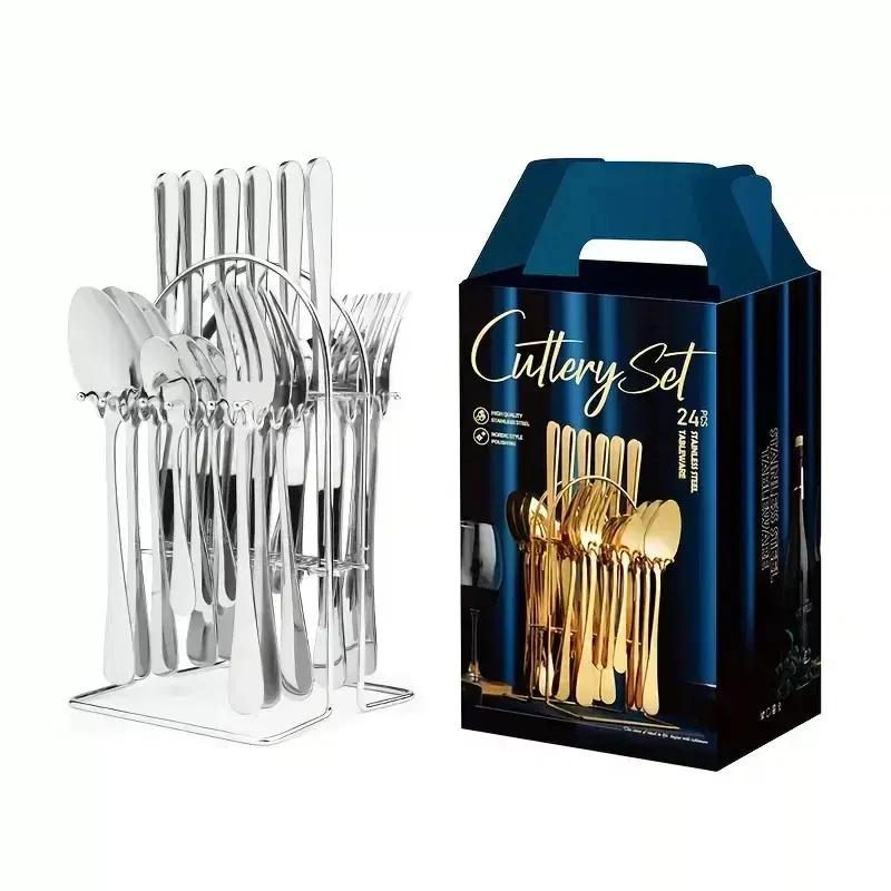 [UM103] Cutlery Set with Stand – 24 Pcs, Stainless Steel 410, Silver