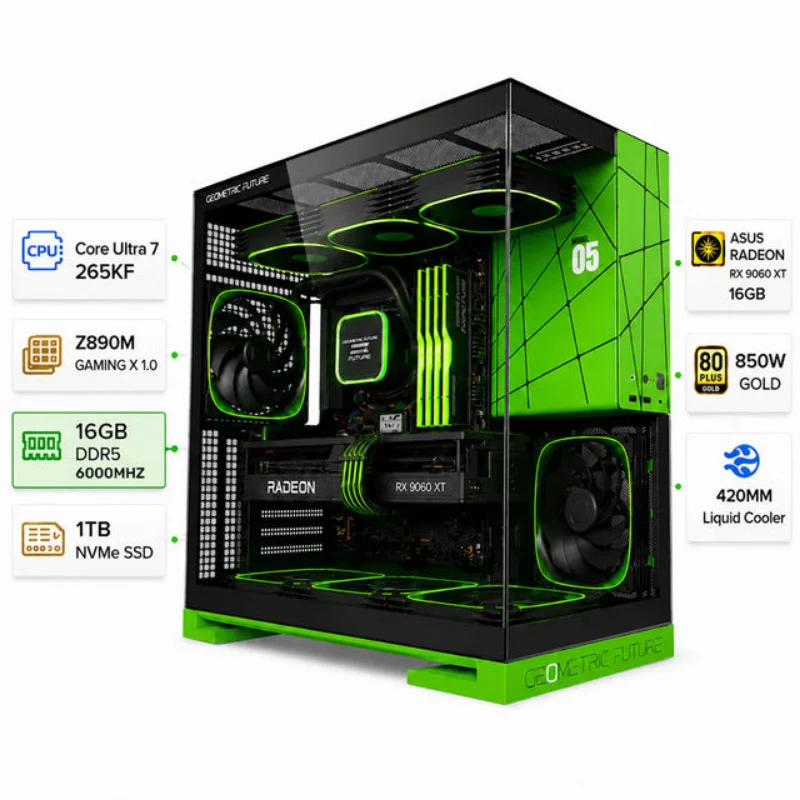 [600960] Custom Gaming PC Intel Core Ultra 7 265KF, Asus RX 9060 XT 16GB, 16GB DDR5 6000MHz, 1TB NVMe, Windows 11 Pro