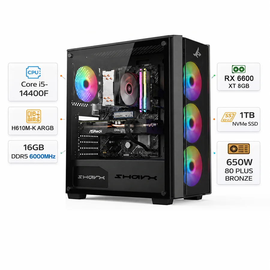 [601075] Custom Gaming PC Intel Core i5-14400F, AMD Radeon RX 6600 XT 8GB, 16GB DDR5 6000MHz, 1TB NVMe SSD, Windows 11 Pro