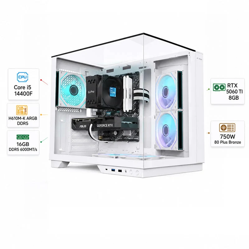 Custom Gaming PC Core i5-14400F, RTX 5060 TI 8GB, Ram 16GB DDR5 6000MT/s, 1TB NVMe SSD, Windows 11 Pro