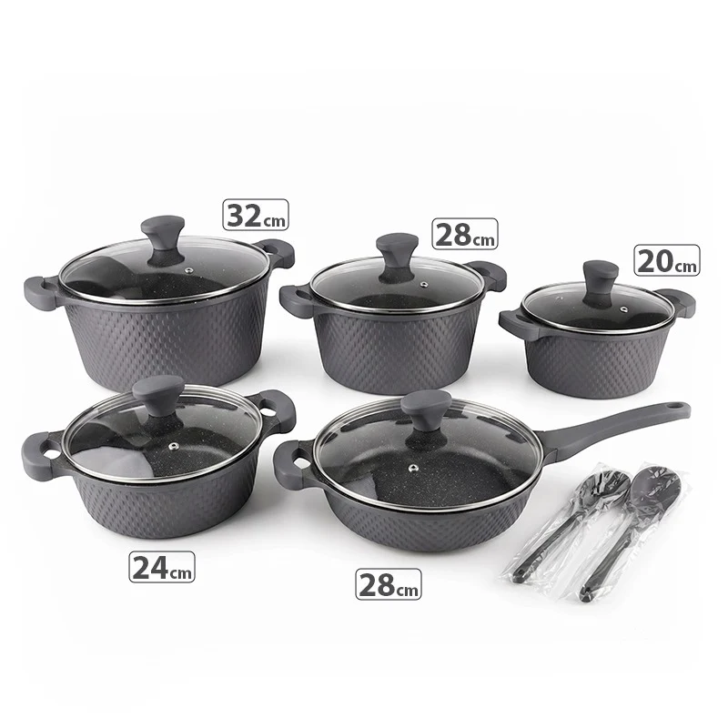 OSFE 12 PCS Aluminum Nonstick Granite Cookware Set (32, 28, 24, 20 cm Pots, 28 cm Pan with 2 Pcs of Utensil Tools) - Grey